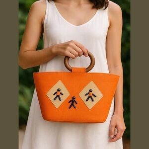 🩷Free🩷Vintage boho handbag,orange,wood handles